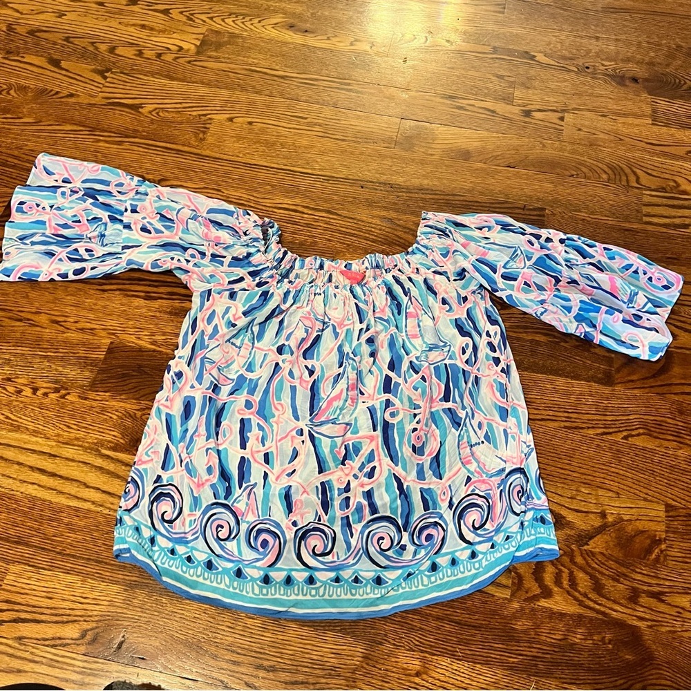 Lilly Pulitzer Off Shoulder Blouse Size L | Blue Pink Print | 100% Rayon
